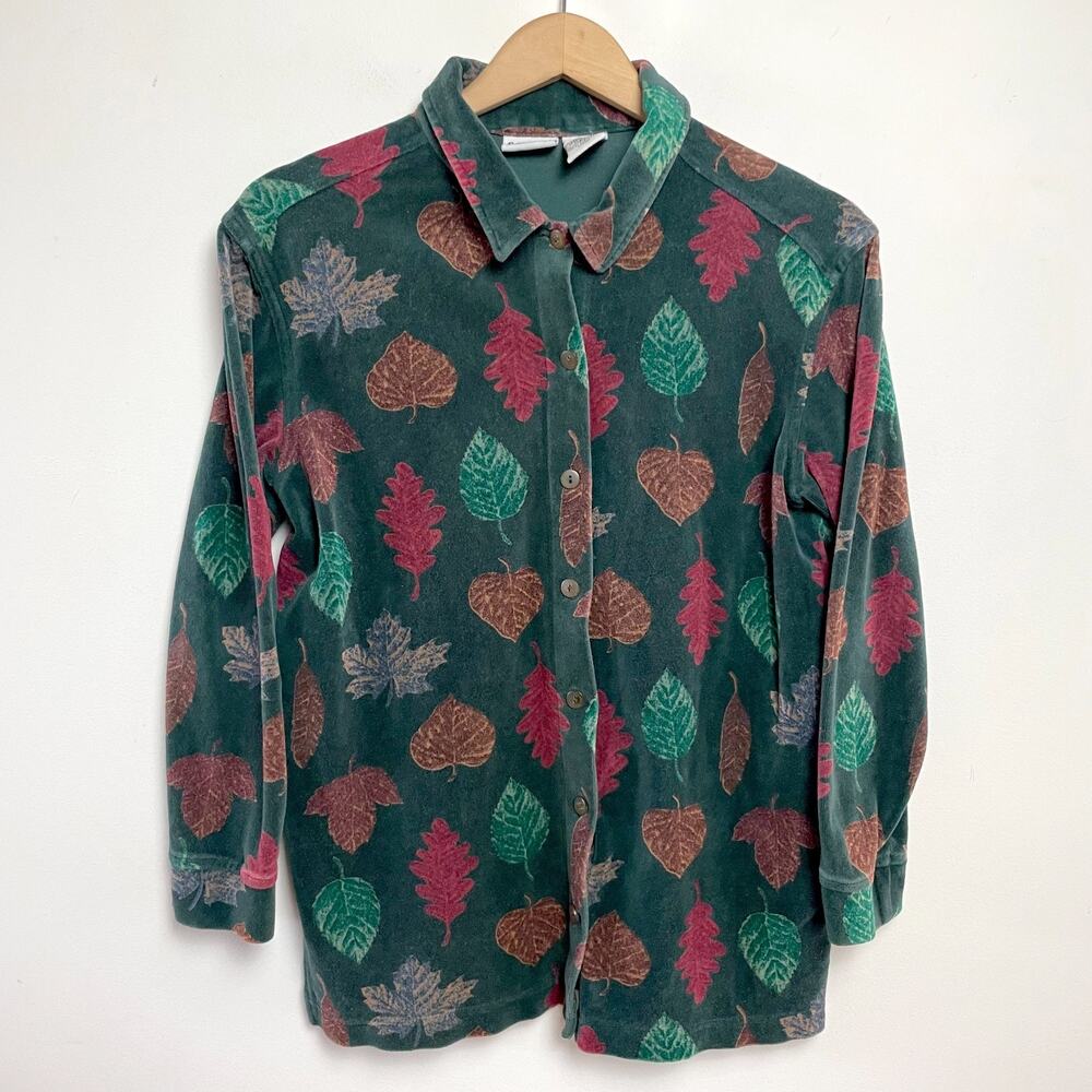Vintage 90s Velour Button Up Shirt Small Leaves Forest Goblincore Earthy Granola